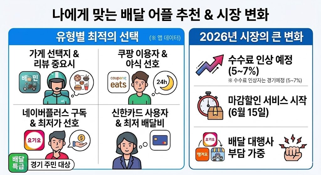 나에게 맞는 배달 어플 추천 및 2026년 시장 변화를 요약한 인포그래픽. 이용 패턴별 맞춤 앱(배민, 쿠팡이츠, 요기요 등)과 수수료 인상 등 핵심 트렌드 안내