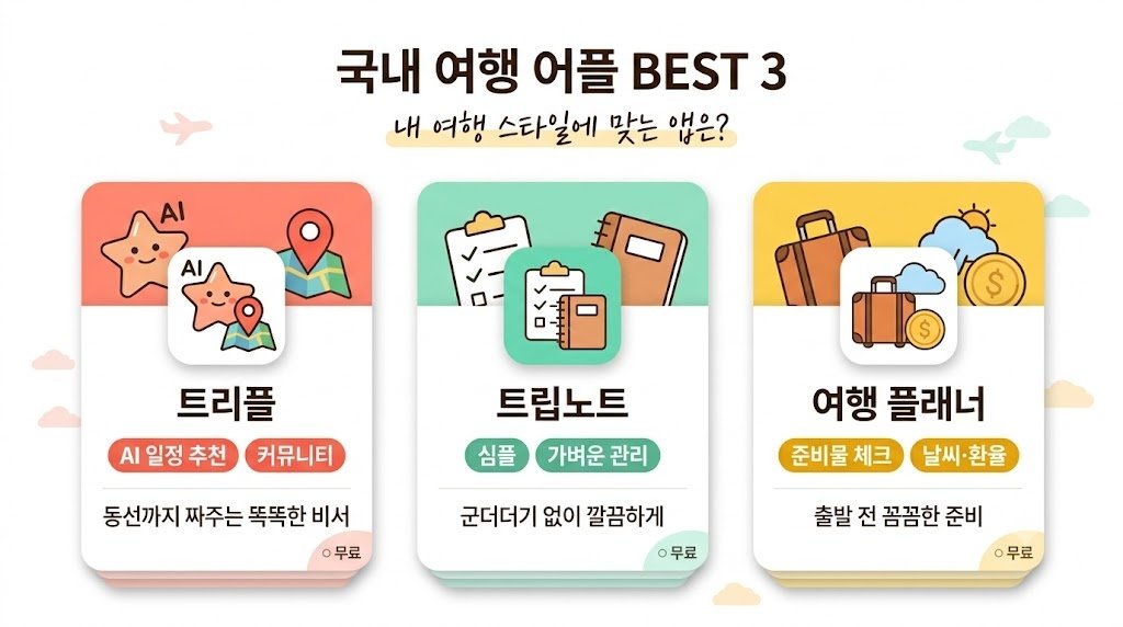트리플, 트립노트, 여행 플래너 등 국내 여행 경로 어플 3종의 핵심 기능을 비교한 인포그래픽