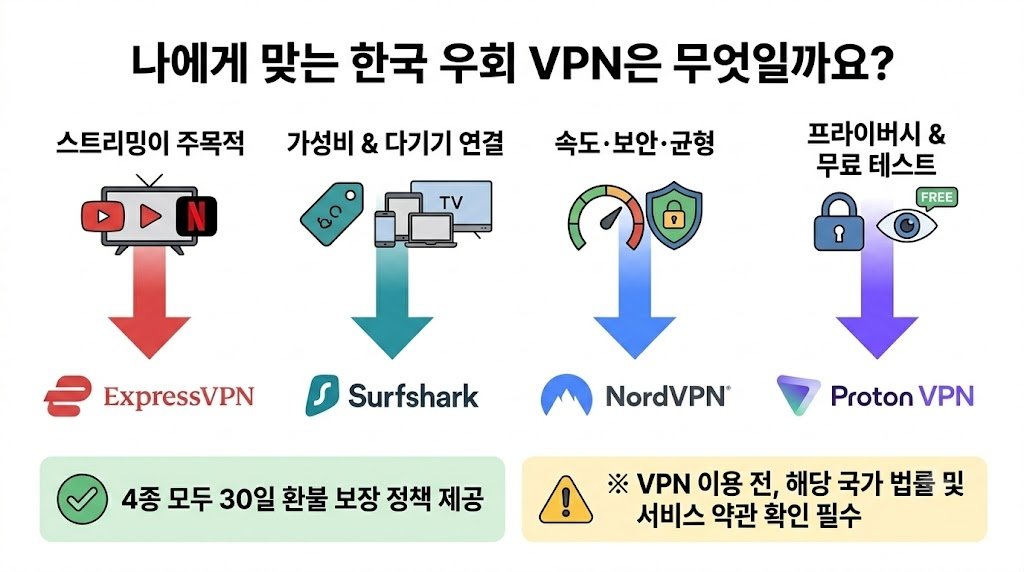 스트리밍, 가성비, 보안, 무료 테스트 등 개인별 목적에 맞는 한국 우회 사이트 VPN 4종 추천