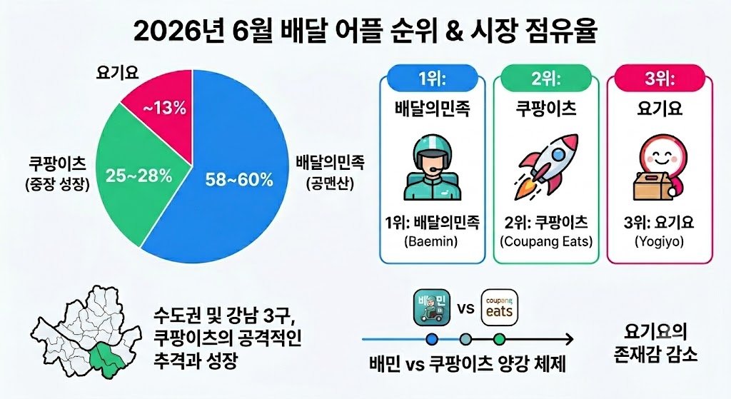 2026년 6월 기준 배달 어플 순위 및 시장 점유율을 보여주는 인포그래픽. 1위 배달의민족, 2위 쿠팡이츠, 3위 요기요의 점유율과 양강 체제를 설명하는 차트