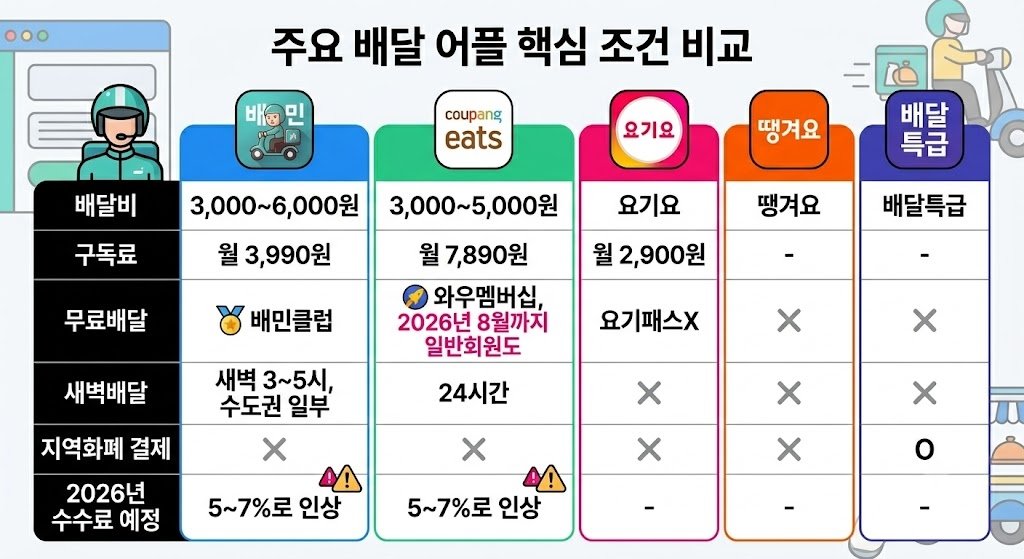 배달 어플 추천을 위한 배민, 쿠팡이츠, 요기요 구독료 및 무료배달 조건 비교 차트