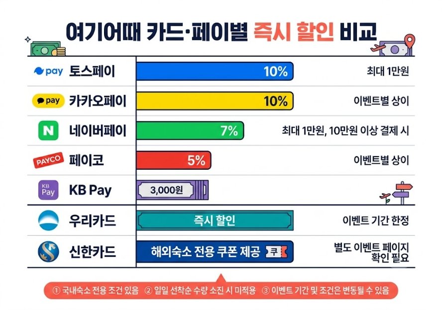 여기어때 카드 및 페이별 즉시 할인 비교. 토스페이와 카카오페이 10%, 네이버페이 7% 등 주요 결제수단별 할인율과 최대한도, 주의사항이 정리된 표입니다.