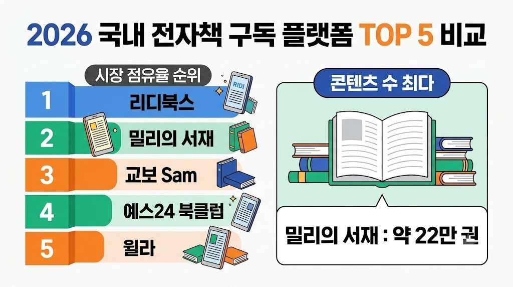 2026년 국내 전자책 플랫폼 순위TOP 5 (리디북스, 밀리의 서재, 교보 Sam, 예스24 북클럽, 윌라) 시장 점유율 순위와 콘텐츠 수가 가장 많은 밀리의 서재(약 22만 권)를 비교한 인포그래픽입니다.
