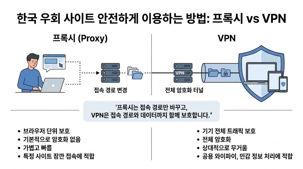 한국 우회 사이트 안전 접속을 위한 프록시와 VPN 보안 방식 비교