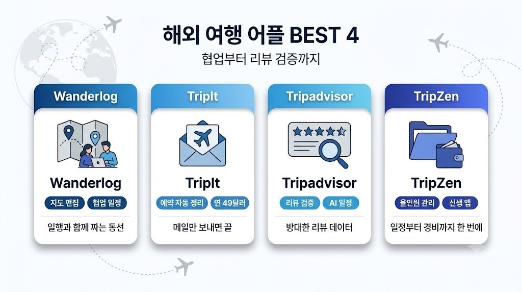 Wanderlog, TripIt 등 해외 여행 경로 어플 BEST 4의 주요 기능을 정리한 인포그래픽