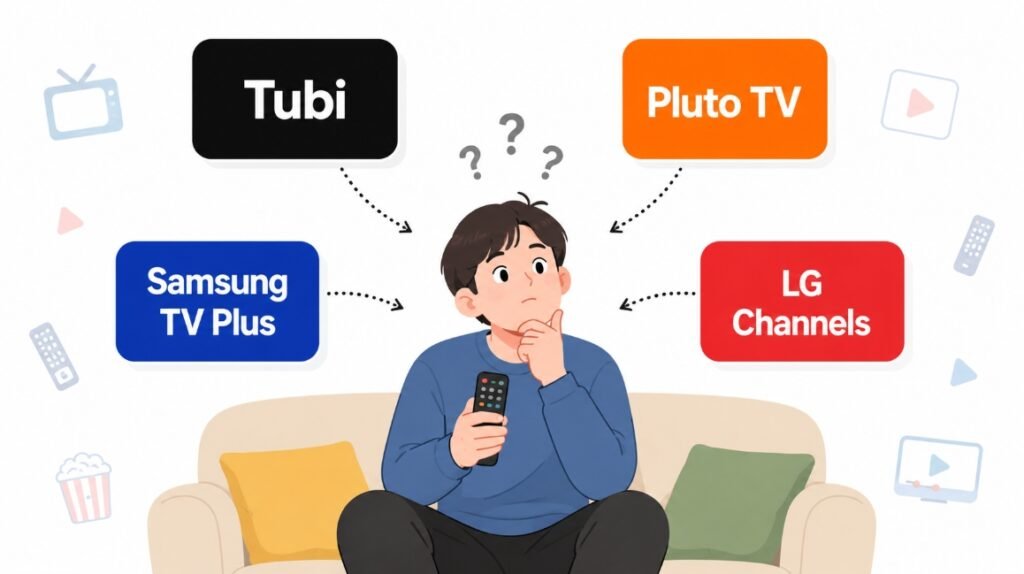ott 무료 사이트 Tubi Pluto TV, Samsung TV Plus, LG Channels 중 어떤걸 선택할지 고민하는 사진