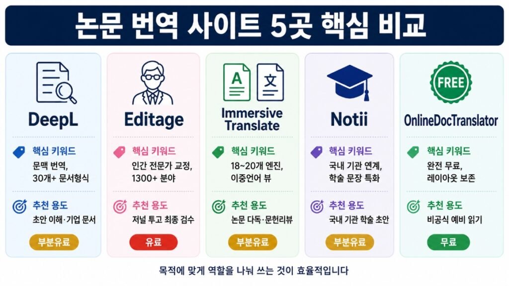 DeepL, 에디티지, immersive Translate, Notii, OnlineDocTranslator 등 논문 번역 사이트 5곳의 특징과 추천 용도를 비교한 인포그래픽 표