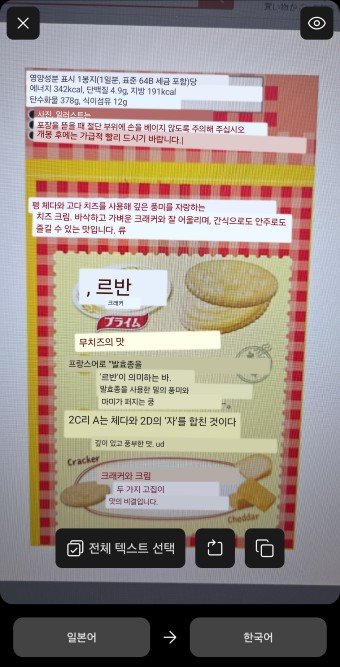 일본어 사진 번역기 딥엘 어플의 사진 촬영 및 텍스트 문맥 번역 실행 화면
