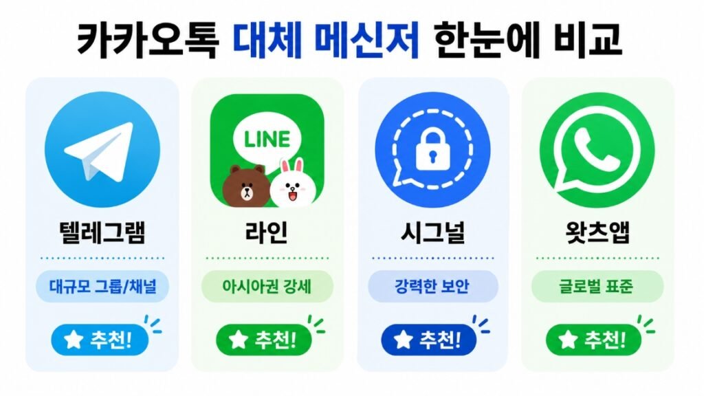 텔레그램, 라인, 시그널, 왓츠앱의 특징을 한눈에 비교하고 추천 대상을 정리한 카카오톡 대체 메신저 안내